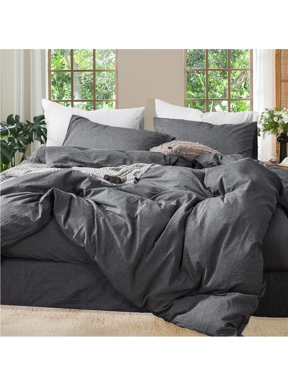 NEW MooMee Bedding Duvet Cover Set 100% Washed Cotton Linen-Like. Dark Grey King